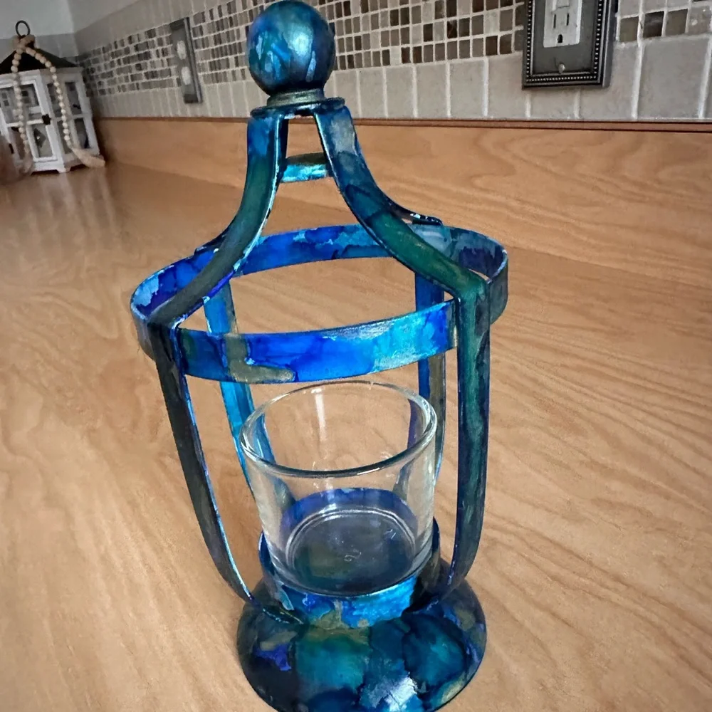 Handcrafted blue metal lantern votive holder with glass cup decorative accent